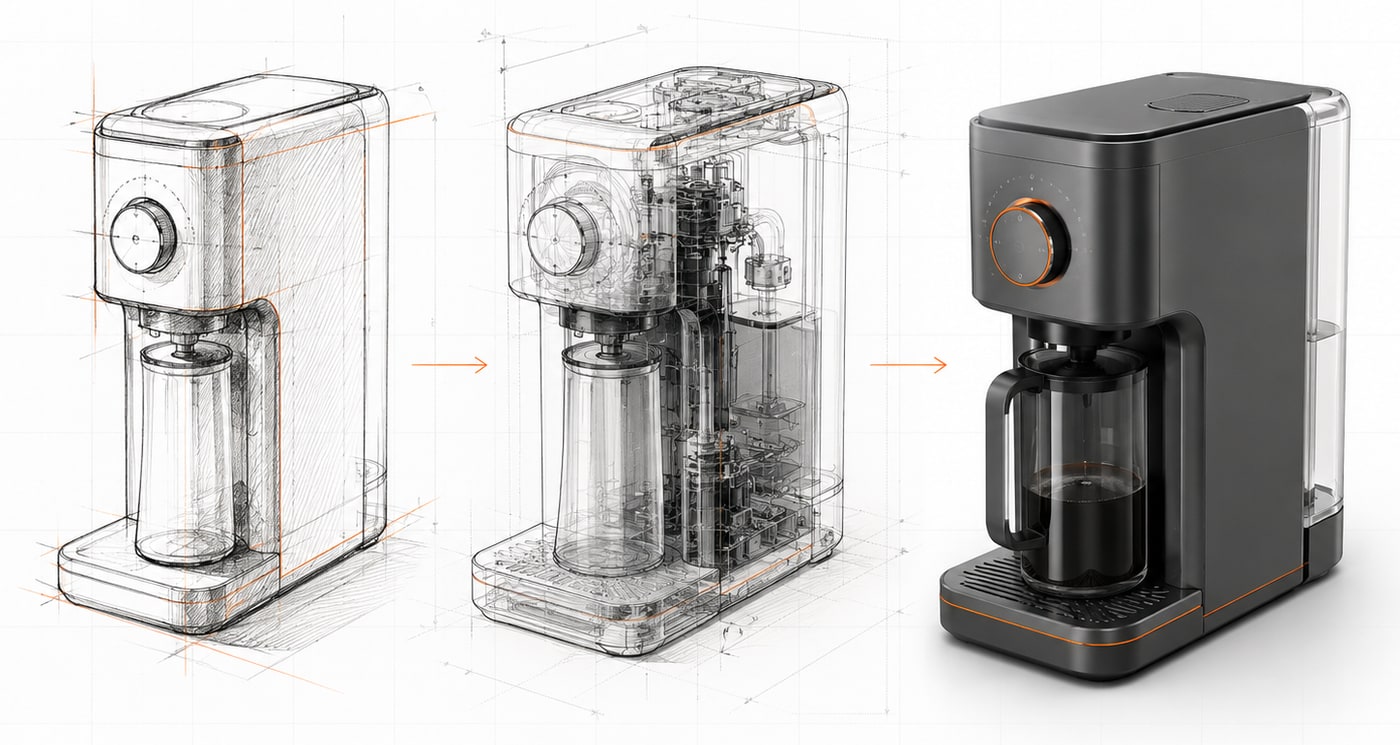 A product taken from concept sketch through engineering to a finished appliance