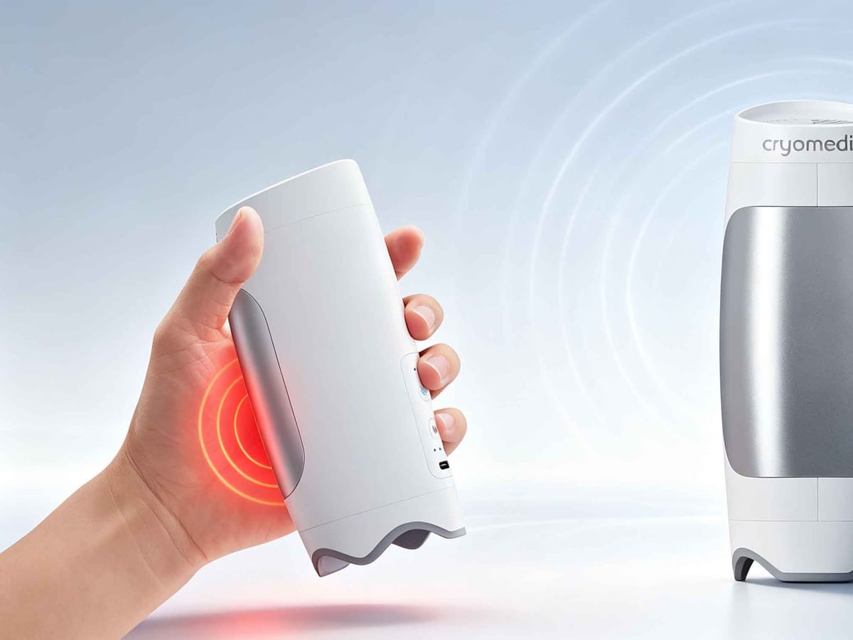 Two Cryomedics palm therapy devices held in a pair of hands