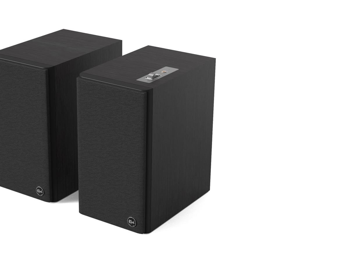 A pair of Klipsch powered monitor speakers